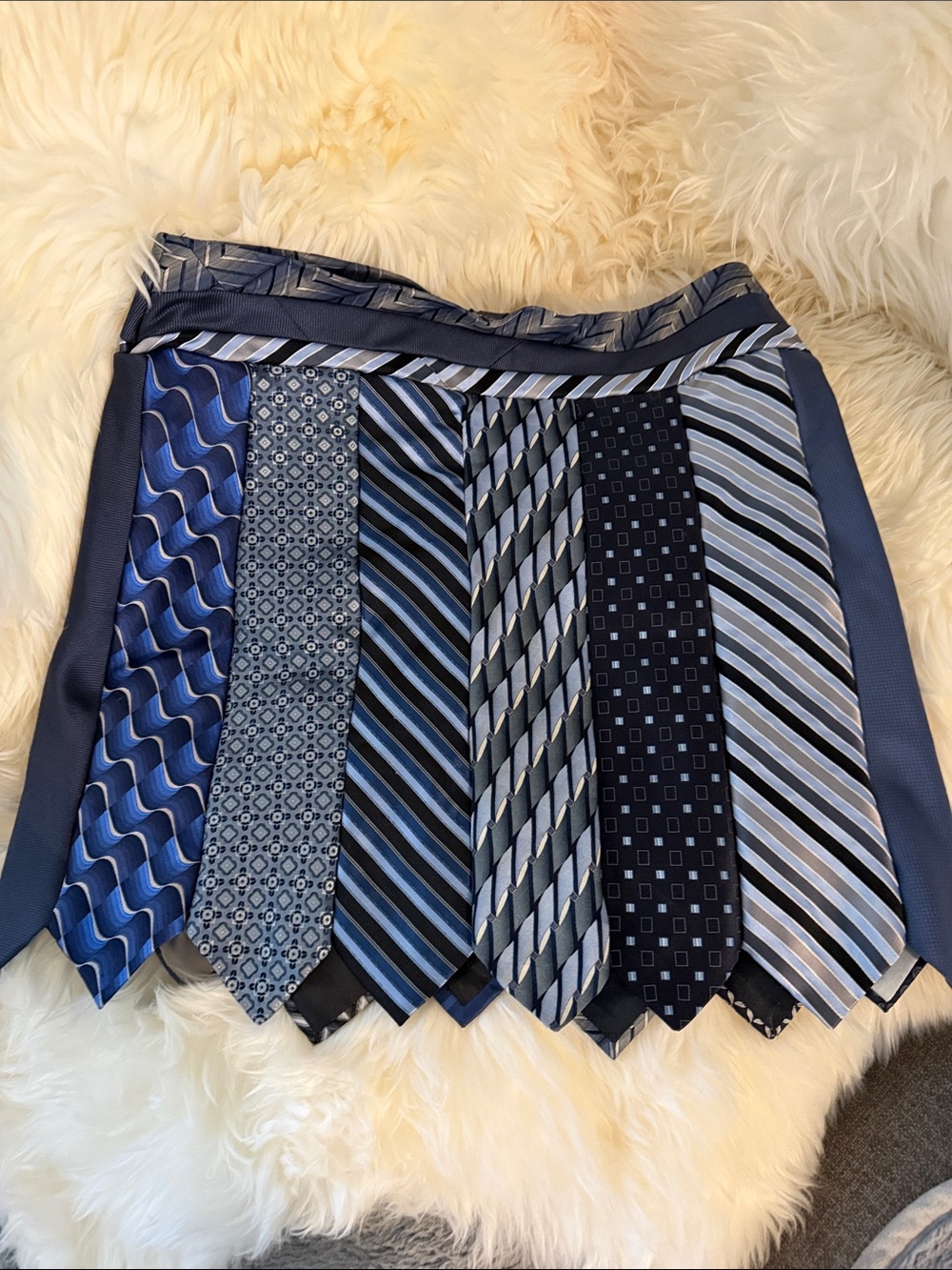 Blue Black Silver Patterned Mini Skirt up-cycled neck ties Women